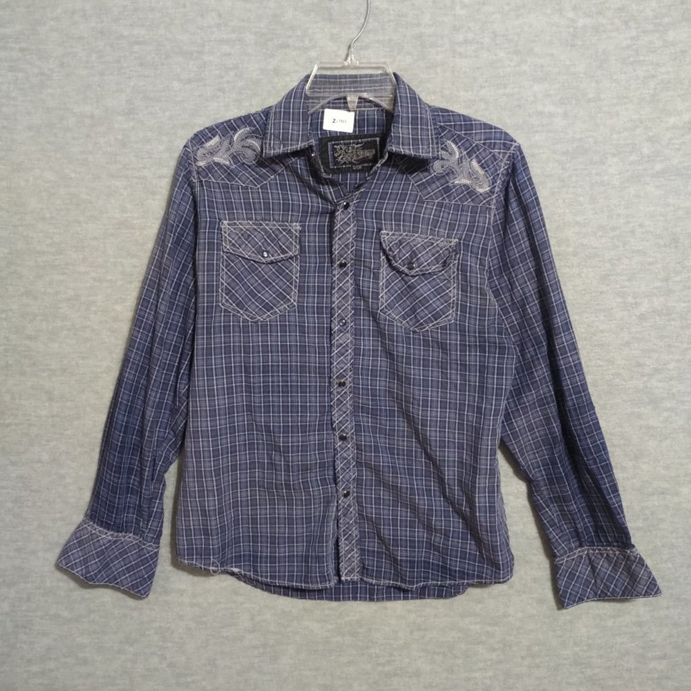 TM Exposure Men‎ Button Up Shirt Small Blue Plaid Long Sleeve Pearl Snap Western